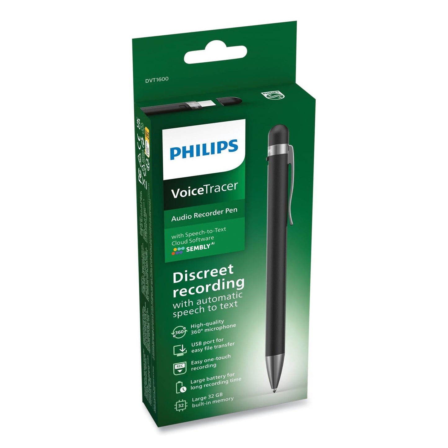 Philips® Voice Tracer DVT1600 Digital Recorder Pen with Sembly, 32 GB