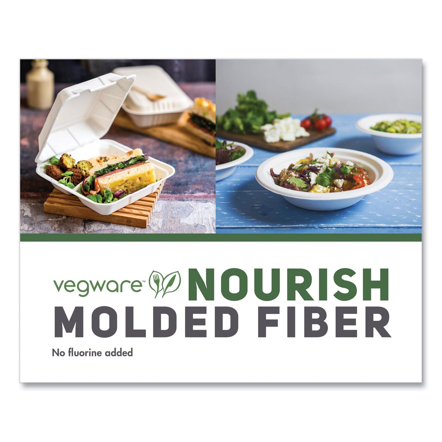 Vegware™ Nourish Molded Fiber Takeout Containers, Compostable, 3 Compartments, 7.9 x 7.9 x 2.9, White, Sugarcane, 200/Carton