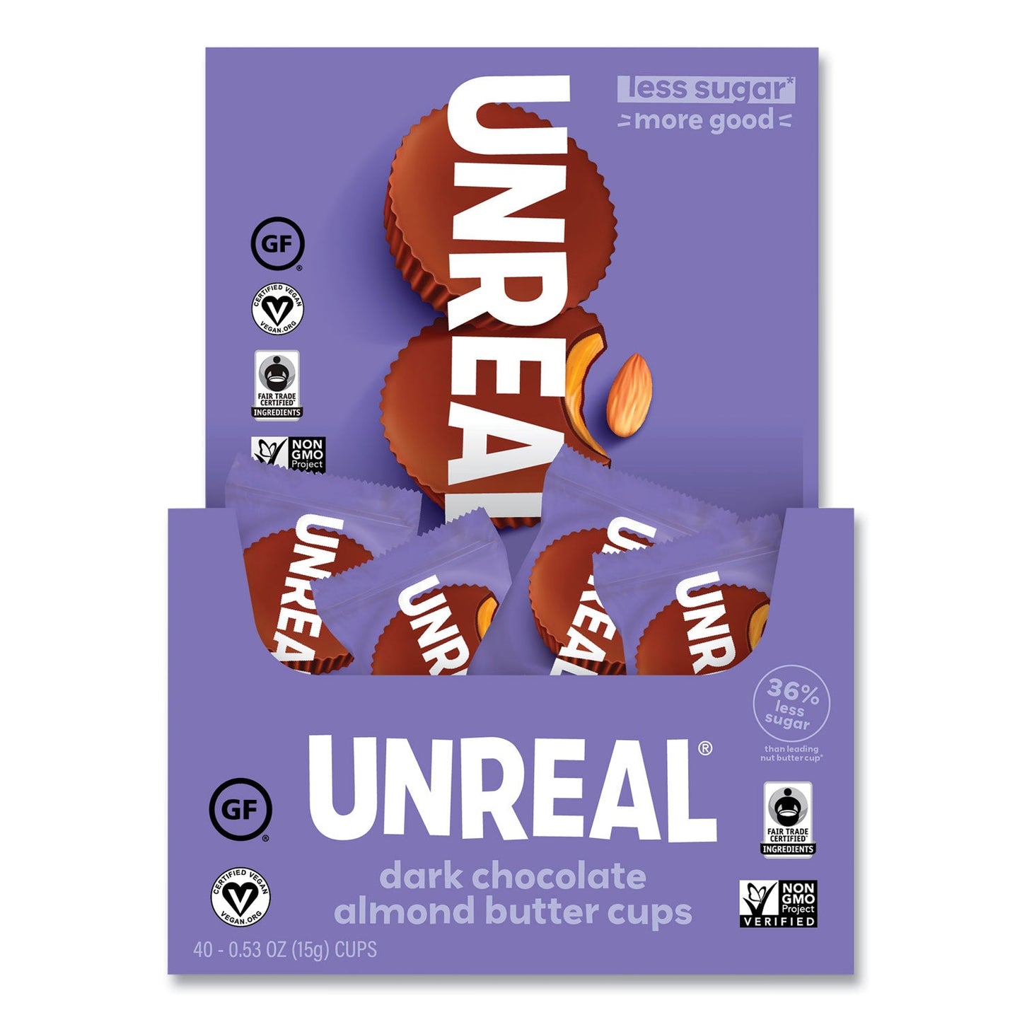 UNREAL® Dark Chocolate Almond Butter Cups, 0.53 oz, Individually Wrapped, 40/Pack