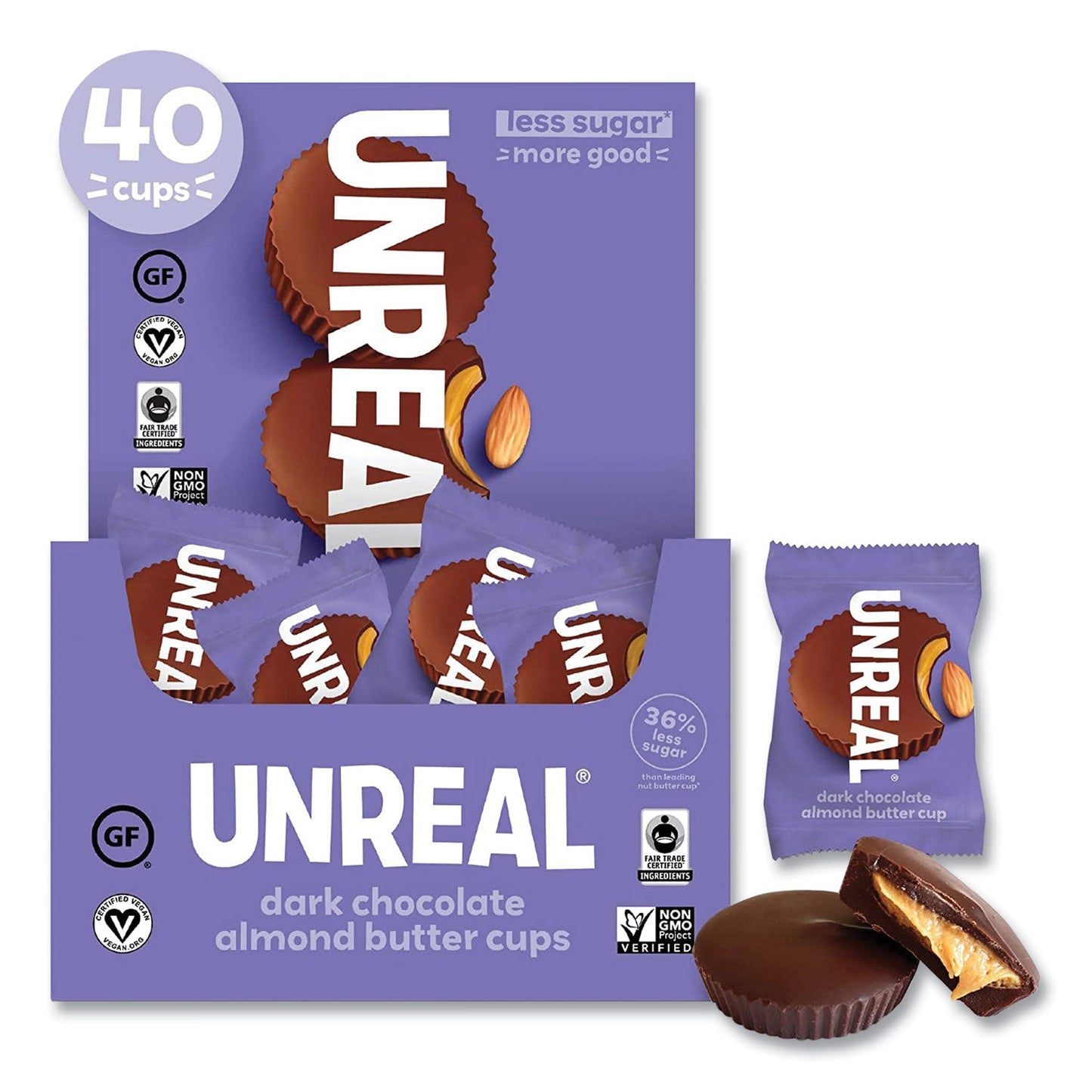 UNREAL® Dark Chocolate Almond Butter Cups, 0.53 oz, Individually Wrapped, 40/Pack