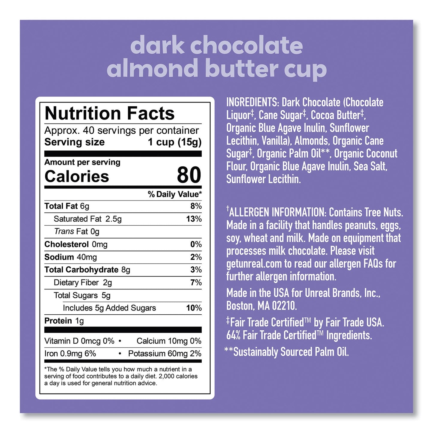 UNREAL® Dark Chocolate Almond Butter Cups, 0.53 oz, Individually Wrapped, 40/Pack