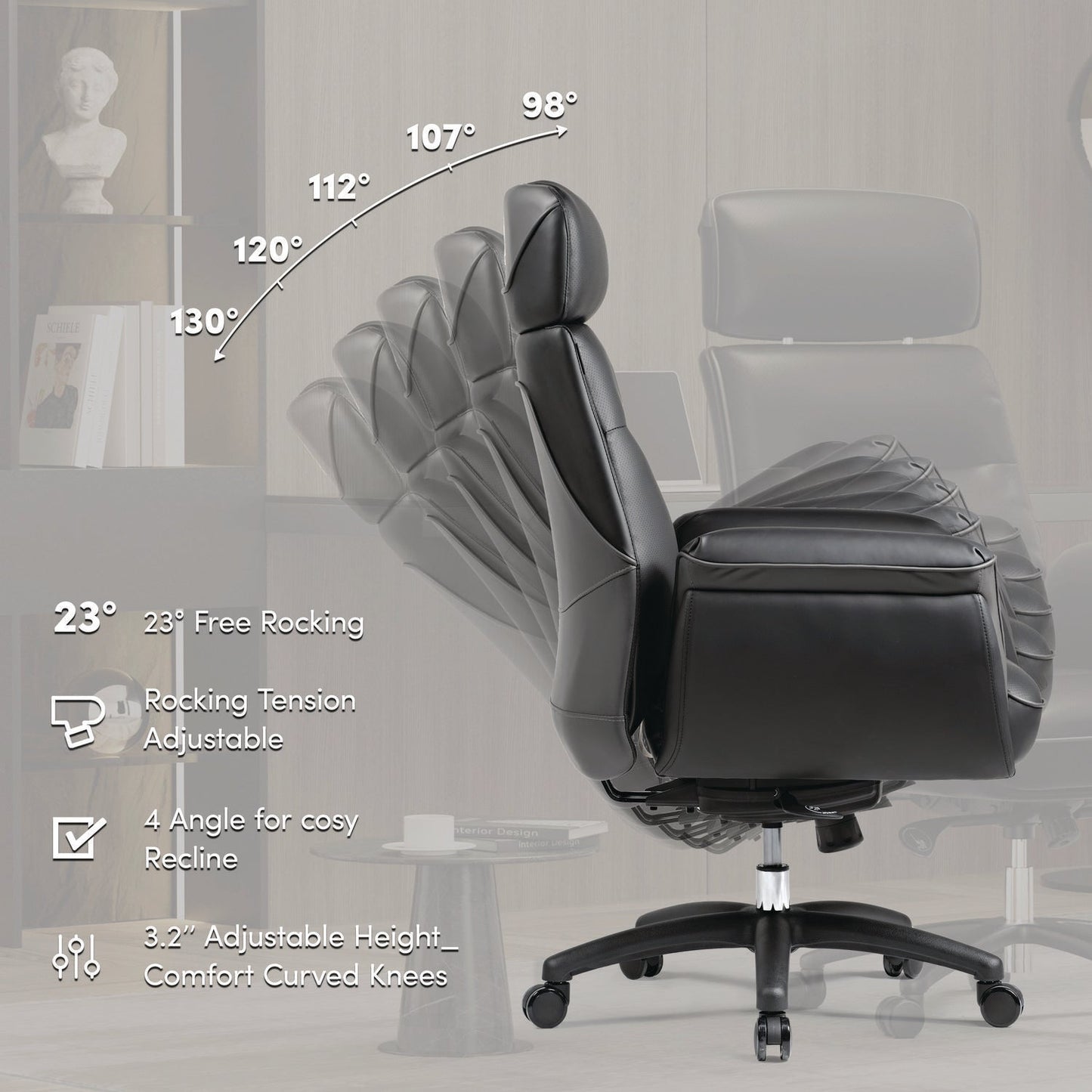 Eureka Ergonomic® Royal Executive Office Chair, Support up to 300 lb, 19.46"-22.26" Seat Height, Black PU Leather Seat, Black Faux Leather Back