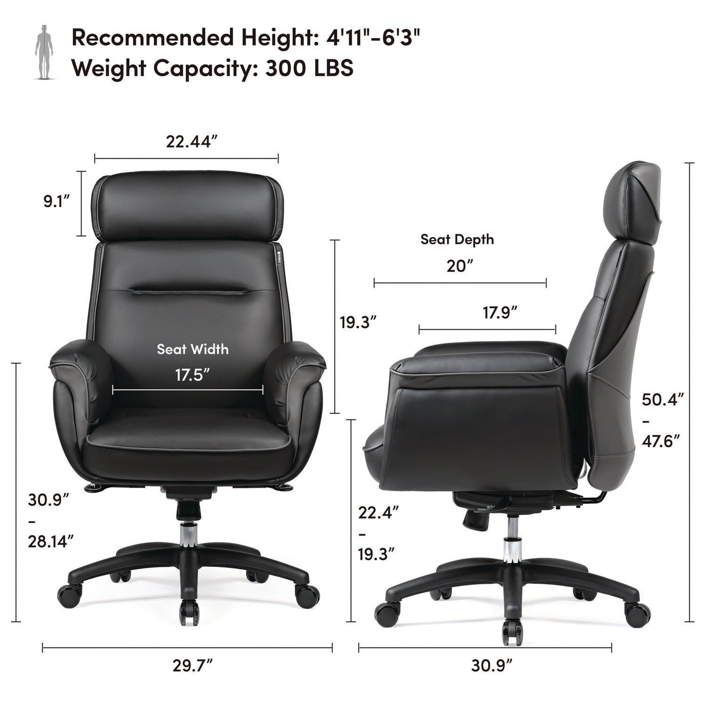 Eureka Ergonomic® Royal Executive Office Chair, Support up to 300 lb, 19.46"-22.26" Seat Height, Black PU Leather Seat, Black Faux Leather Back