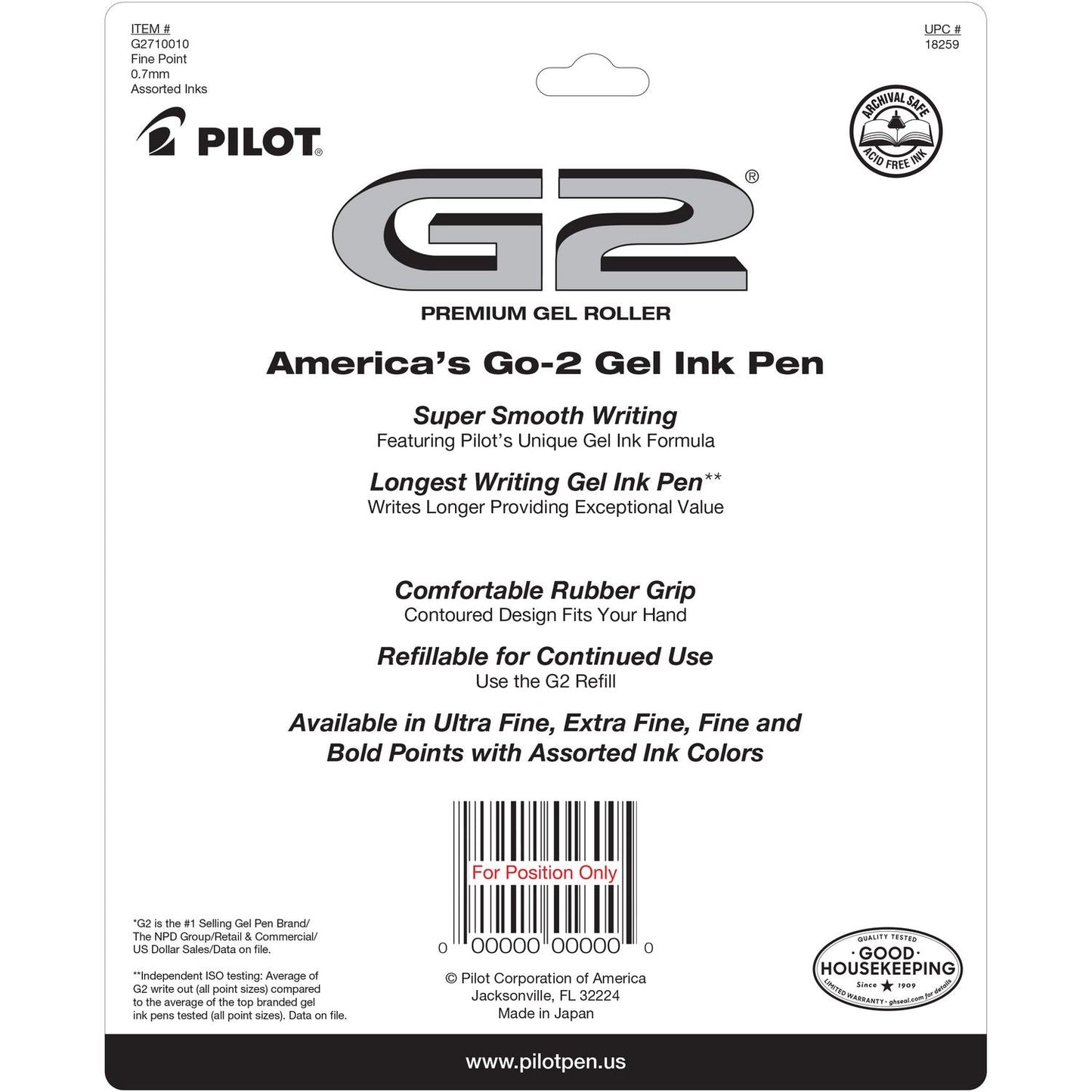 Pilot® G2 Premium Gel Pen, Retractable, Fine 0.7 mm, Assorted Ink and Barrel Colors, 10/Pack