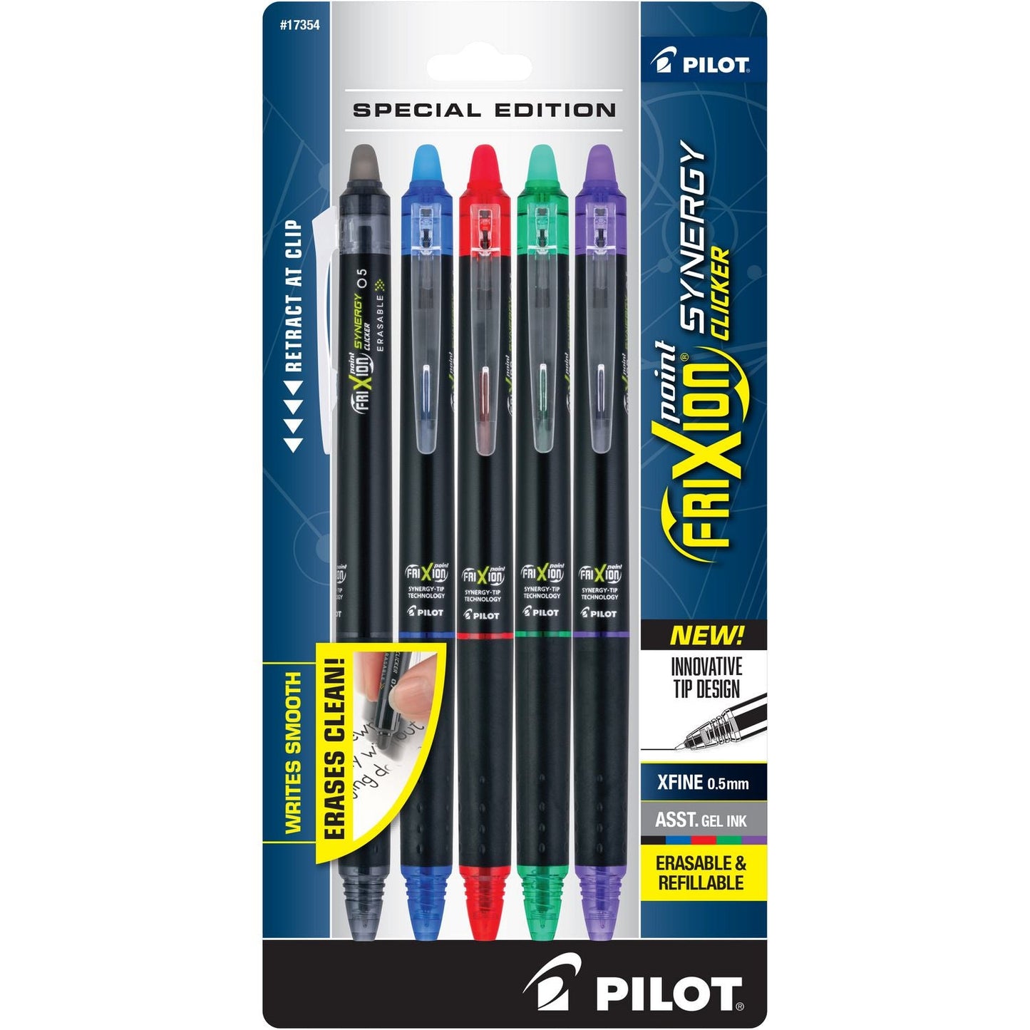 Pilot® FriXion Synergy Clicker Erasable Gel Pen, Retractable, Extra-Fine 0.5 mm, Assorted Ink and Barrel Colors, 5/Pack