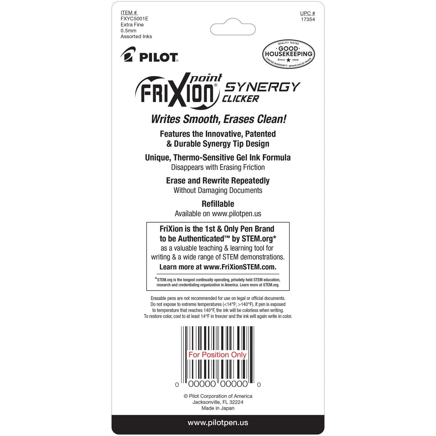 Pilot® FriXion Synergy Clicker Erasable Gel Pen, Retractable, Extra-Fine 0.5 mm, Assorted Ink and Barrel Colors, 5/Pack