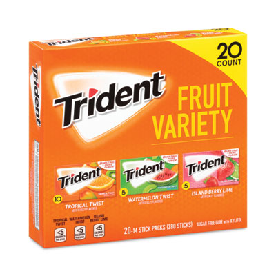 Trident® Sugar-Free Gum, Fruit Variety, 14 Pieces/Pack, 20 Packs/Carton