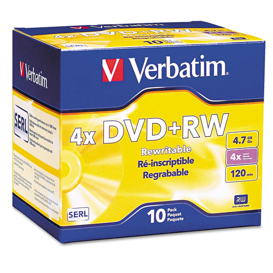 Verbatim® Dvd+rw Rewritable Disc, 4.7 Gb, 4x, Slim Jewel Case, Silver, 10/pack