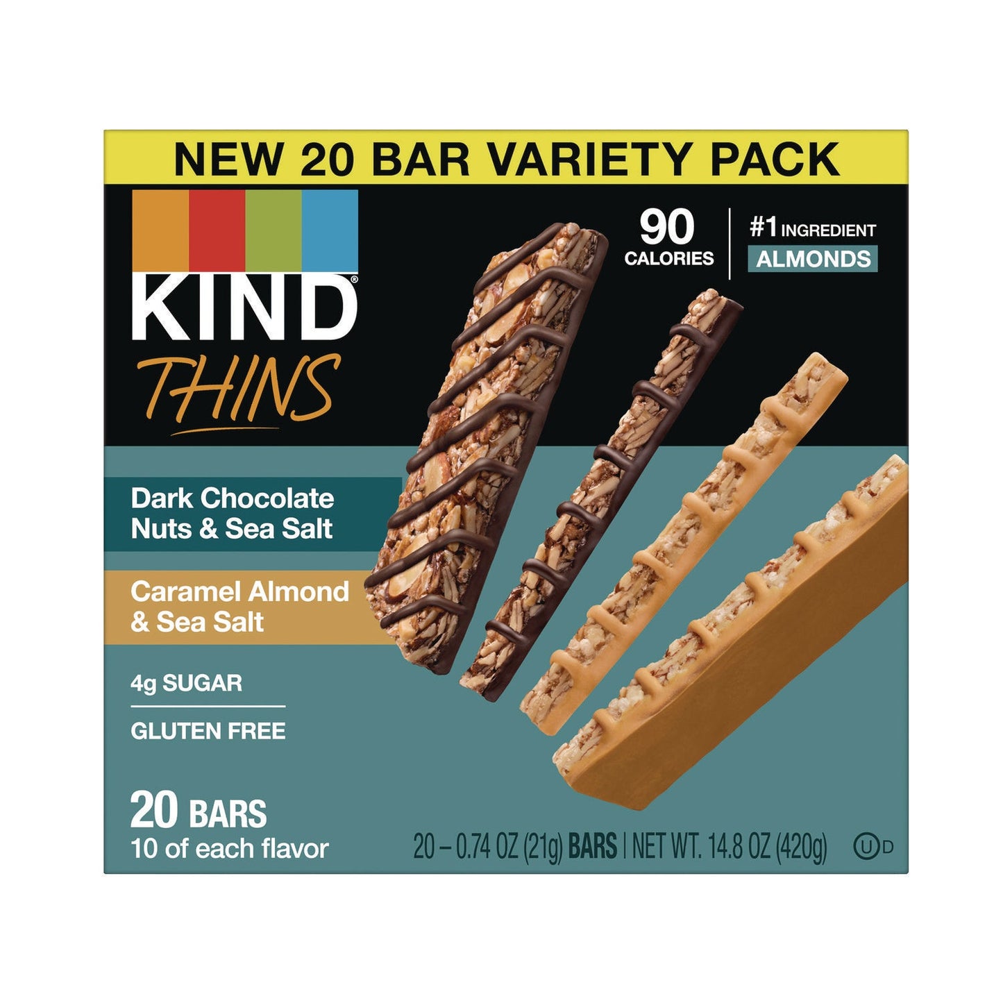 KIND Thins Bar Variety Pack, Caramel Almond and Sea Salt; Dark Chocolate Nuts and Sea Salt, 0.74 oz, 20/Box