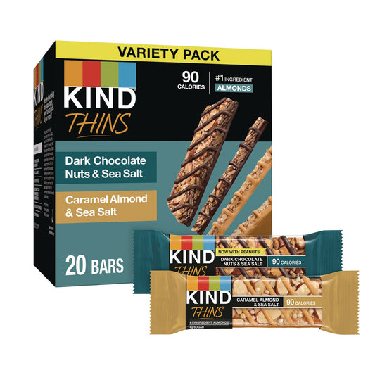 KIND Thins Bar Variety Pack, Caramel Almond and Sea Salt; Dark Chocolate Nuts and Sea Salt, 0.74 oz, 20/Box