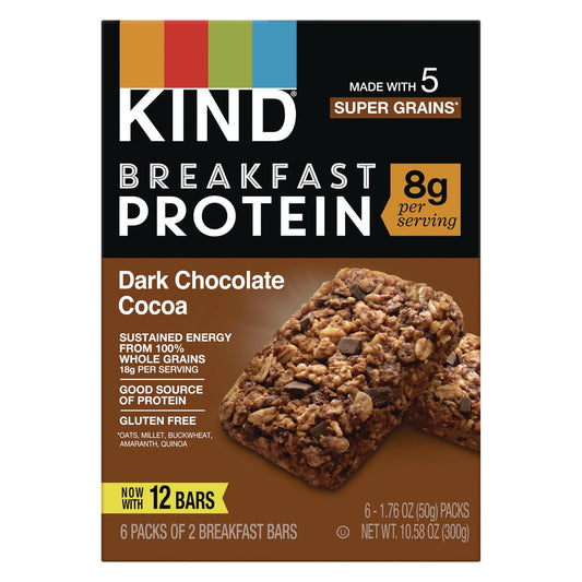KIND Breakfast Protein Bars, Dark Chocolate Cocoa, 1.76 oz Two-Bar Packs, 6/Box