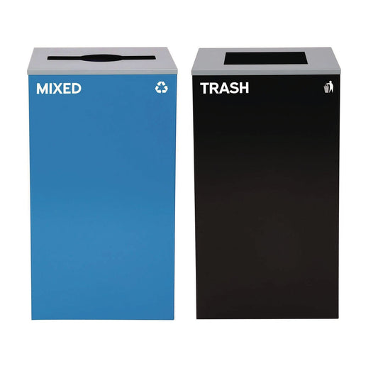 Alpine Industries 29 Gallon Trash/Recycling Cans, Steel, Blue Mixed Recycling with Mixed Lid, Black Trash Can with Square Lid