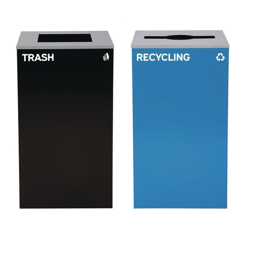 Alpine Industries 29 Gallon Trash/Recycling Cans, Steel, Blue Recycling with Mixed Lid, Black Trash Can with Square Lid