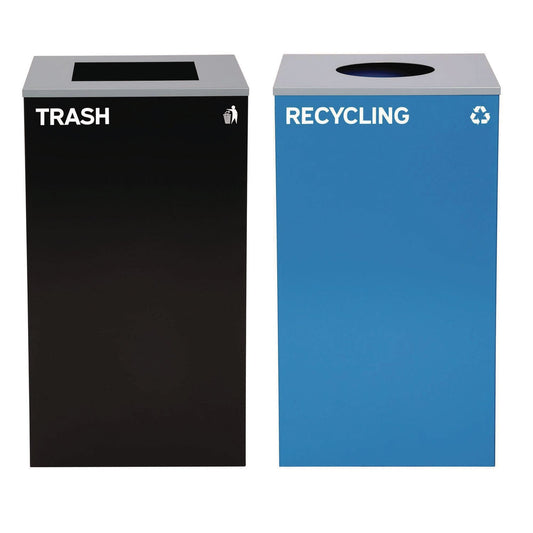 Alpine Industries 29 Gallon Trash/Recycling Cans, Steel, Blue Recycling with Circle Lid, Black Trash Can with Square Lid
