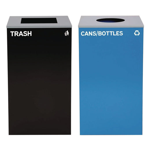 Alpine Industries 29 Gallon Trash/Recycling Cans, Steel, Blue Cans/Bottles Recycling with Circle Lid, Black Trash Can with Square Lid