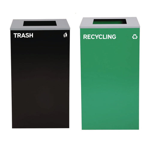 Alpine Industries 29 Gallon Trash/Recycling Cans, Steel, Green Recycling Can with Square Lid, Black Trash Can with Square Lid