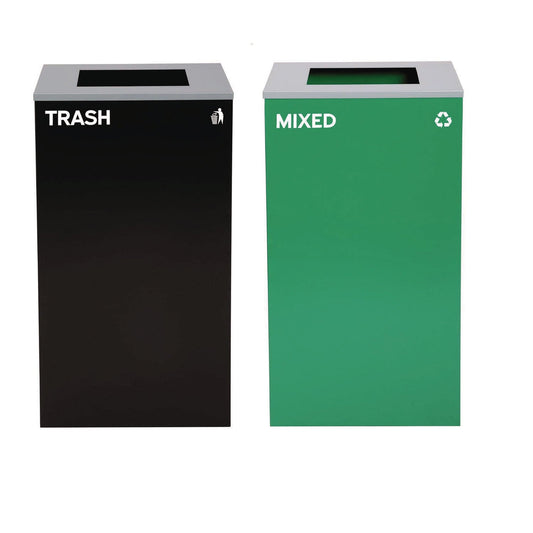 Alpine Industries 29 Gallon Trash/Recycling Cans, Steel, Green Mixed Recycling Can with Square Lid, Black Trash Can with Square Lid