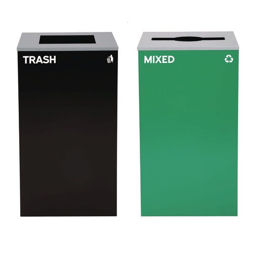 Alpine Industries 29 Gallon Trash/Recycling Cans, Steel, Green Mixed Recycling Can with Mixed Lid, Black Trash Can with Square Lid