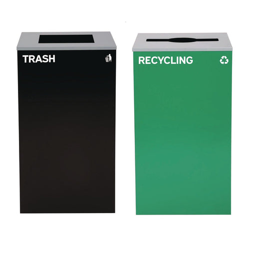 Alpine Industries 29 Gallon Trash/Recycling Cans, Steel, Green Recycling Can with Mixed Lid, Black Trash Can with Square Lid