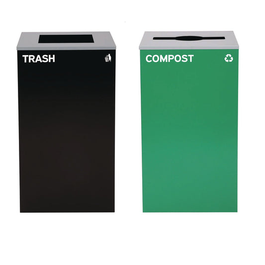 Alpine Industries 29 Gallon Trash/Recycling Cans, Steel, Green Compost Can with Mixed Lid, Black Trash Can with Square Lid