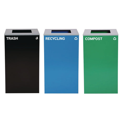 Alpine Industries 29 Gallon Trash/Recycling Cans, Steel, Blue Recycling Can, Green Compost Can, Black Trash Can with Square Lids
