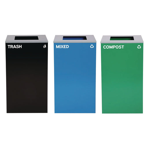 Alpine Industries 29 Gallon Trash/Recycling Cans, Steel, Blue Mixed Recycling Can, Green Compost Can, Black Trash Can with Square Lids