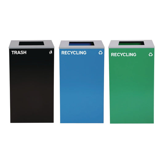 Alpine Industries 29 Gallon Trash/Recycling Cans, Steel, Blue Recycling Can, Green Recycling Can, Black Trash Can with Square Lids