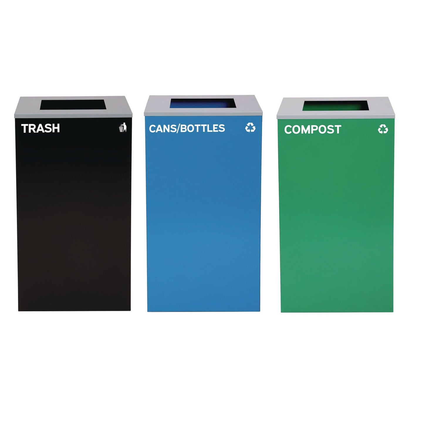 Alpine Industries 29 Gallon Trash/Recycling Cans, Steel, Blue Cans/Bottles Recycling Can, Green Compost Can, Black Trash Can with Square Lids