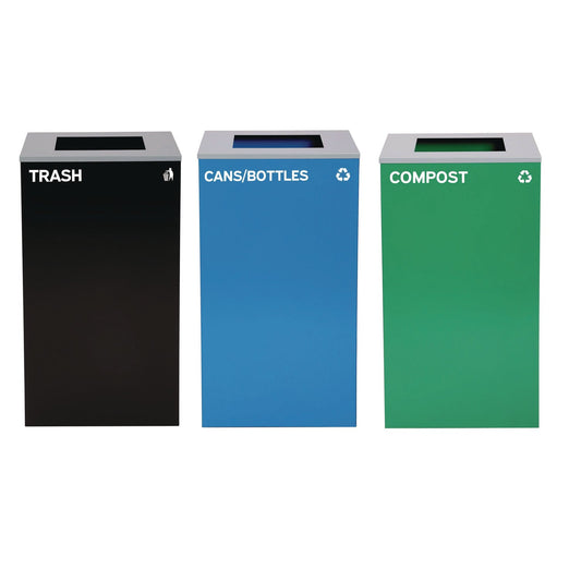 Alpine Industries 29 Gallon Trash/Recycling Cans, Steel, Blue Cans/Bottles Recycling Can, Green Compost Can, Black Trash Can with Square Lids