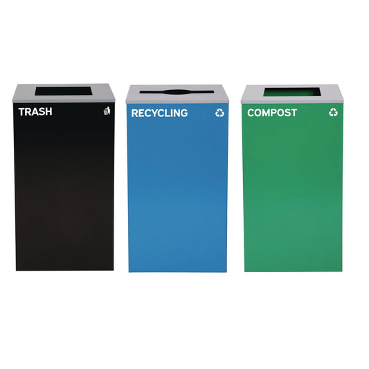 Alpine Industries 29 Gallon Trash/Recycling Cans, Steel, Blue Recycling Can/Mixed Lid, Green Compost Can and Black Trash Can with Square Lids