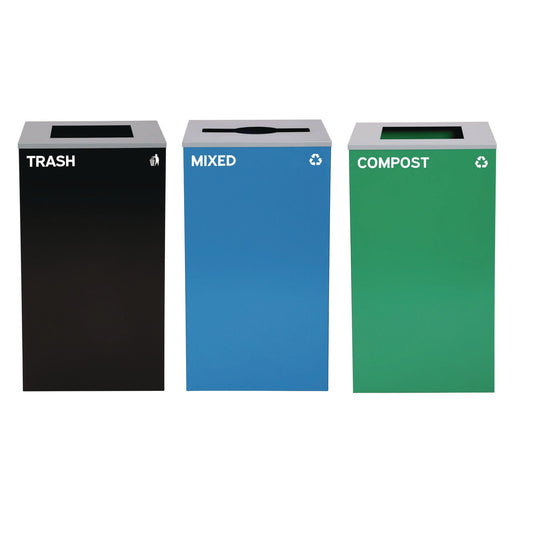 Alpine Industries 29 Gallon Trash/Recycling Cans, Steel, Blue Mixed Recycling Can w/Mixed Lid, Green Compost and Black Trash Cans w/Square Lids