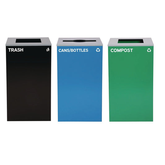 Alpine Industries 29 Gallon Trash/Recycling Cans, Steel, Blue Cans/Bottles Recycling Can w/Mixed Lid, Green Compost and Black Trash w/Sq Lid