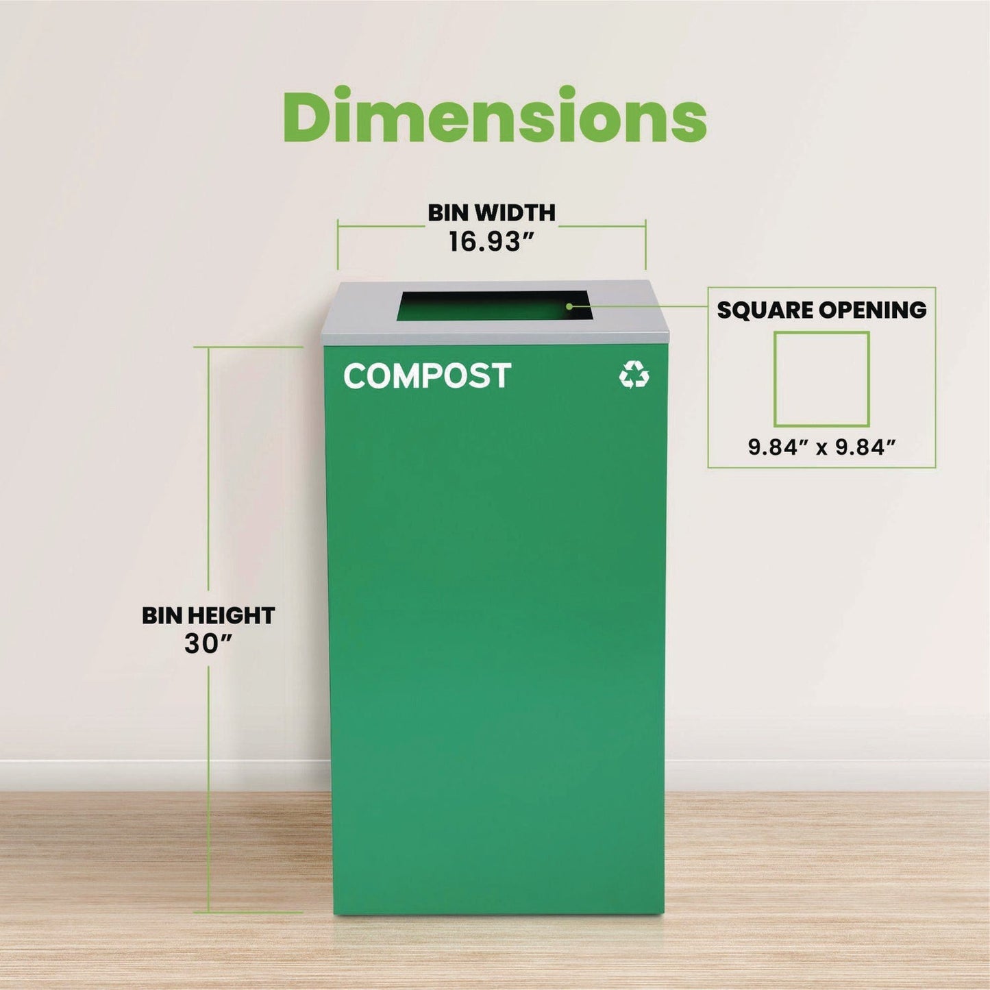 Alpine Industries 29 Gallon Trash/Recycling Cans, Steel, Green Compost Can with Square Lid