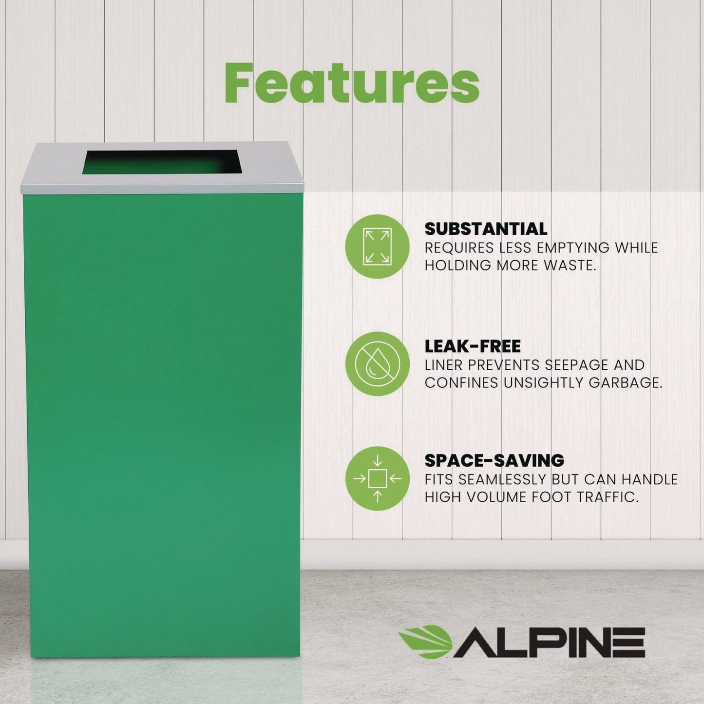 Alpine Industries 29 Gallon Trash/Recycling Cans, Steel, Green Can with Square Lid