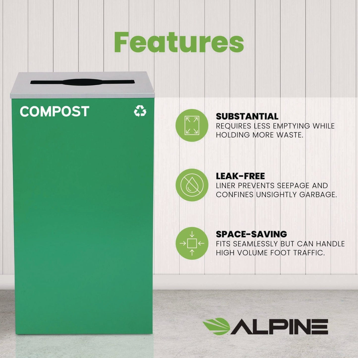 Alpine Industries 29 Gallon Trash/Recycling Cans, Steel, Green Compost Can with Mixed Lid