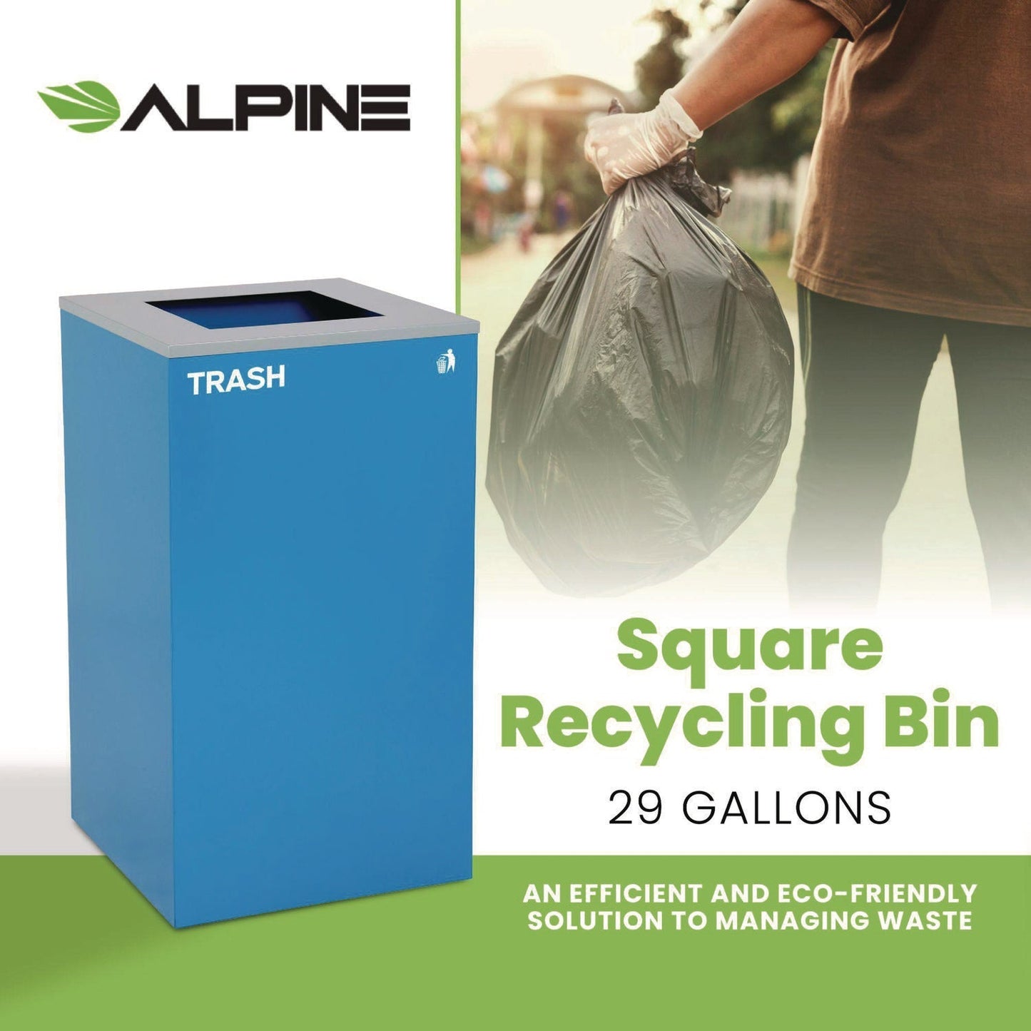 Alpine Industries 29 Gallon Trash/Recycling Cans, Steel, Blue Trash Can with Square Lid