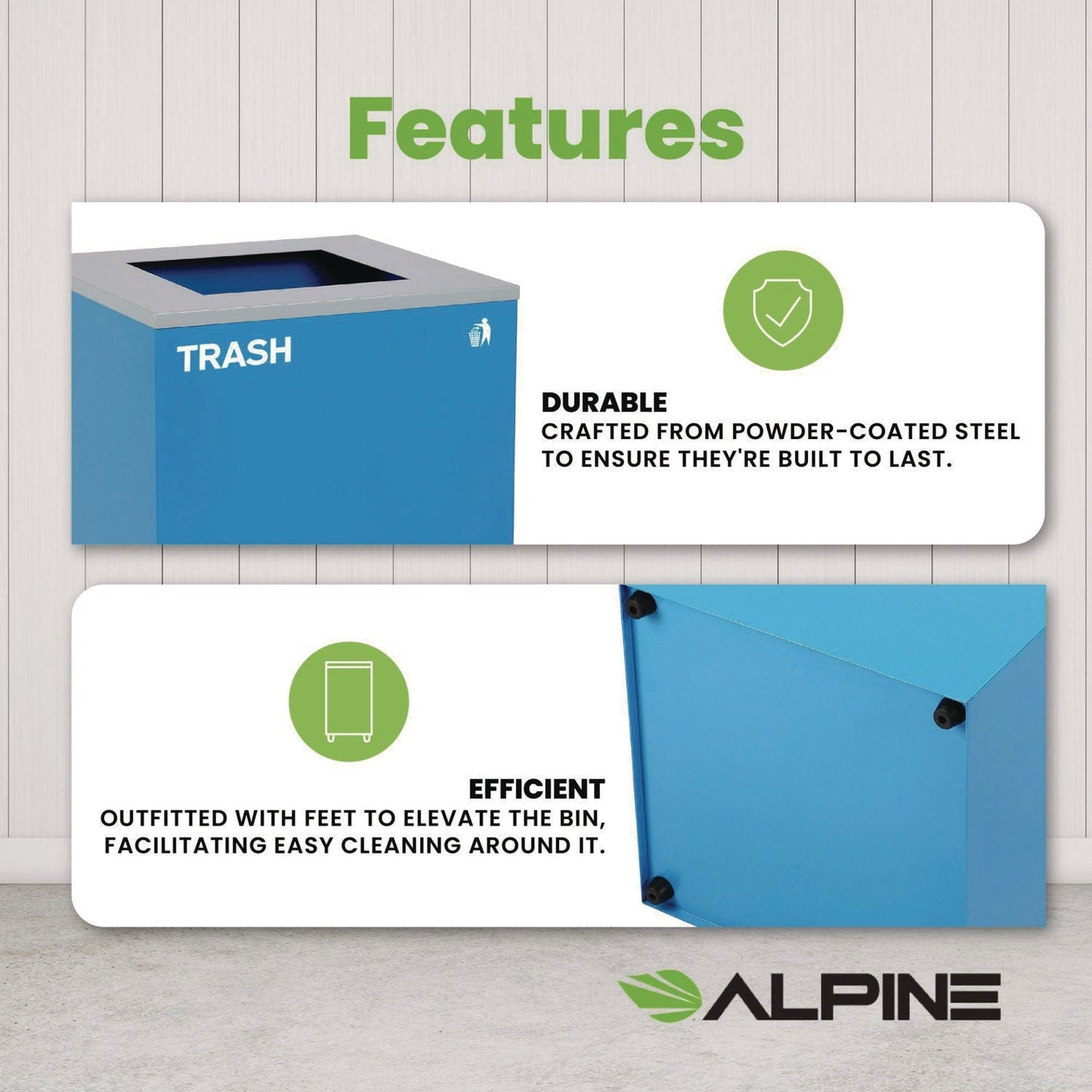 Alpine Industries 29 Gallon Trash/Recycling Cans, Steel, Blue Trash Can with Square Lid