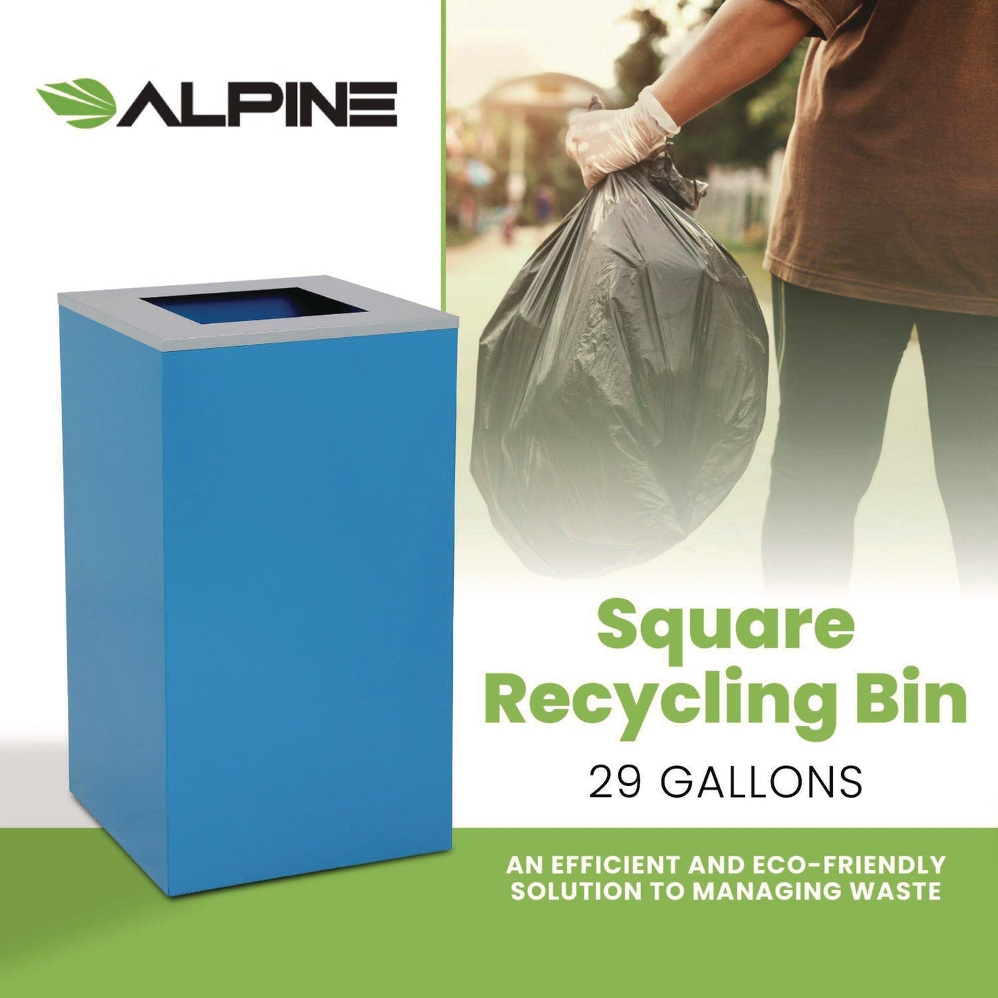 Alpine Industries 29 Gallon Trash/Recycling Cans, Steel, Blue Can with Square Lid