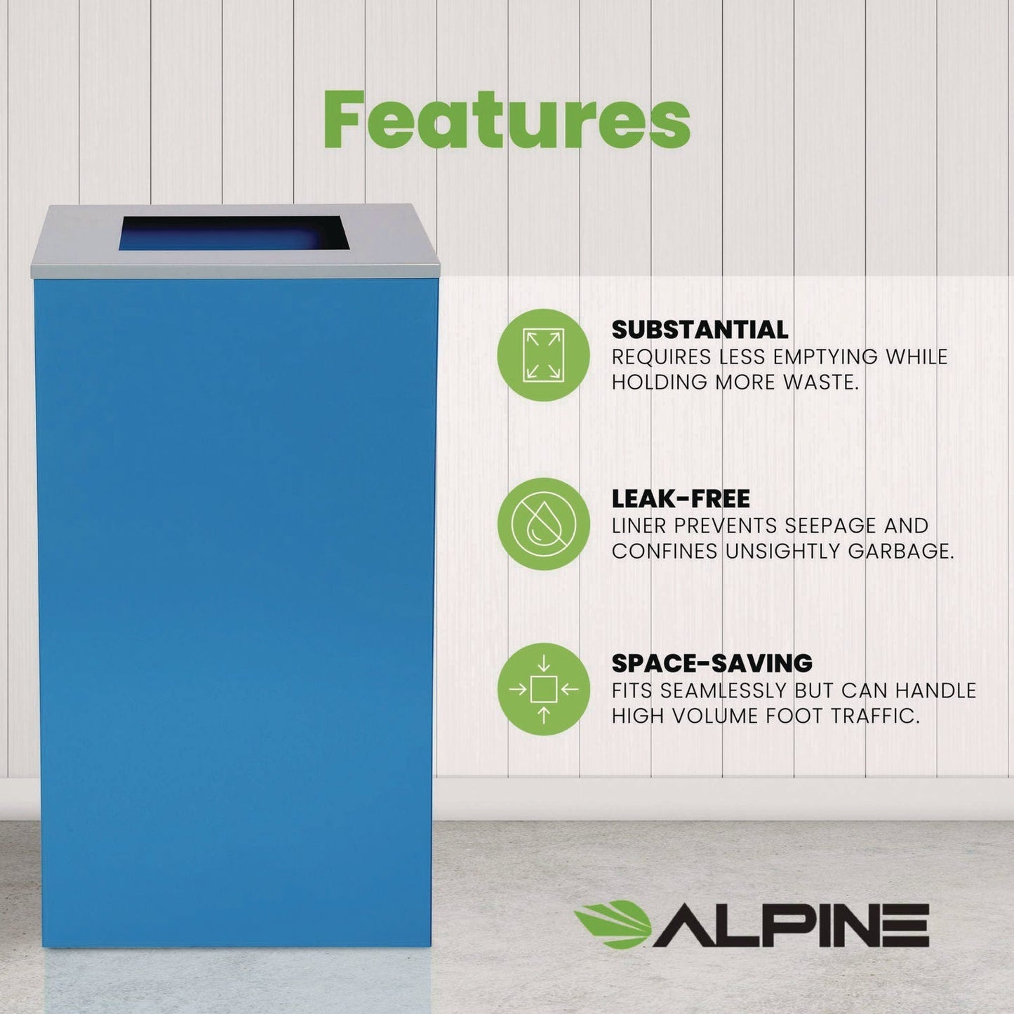 Alpine Industries 29 Gallon Trash/Recycling Cans, Steel, Blue Can with Square Lid