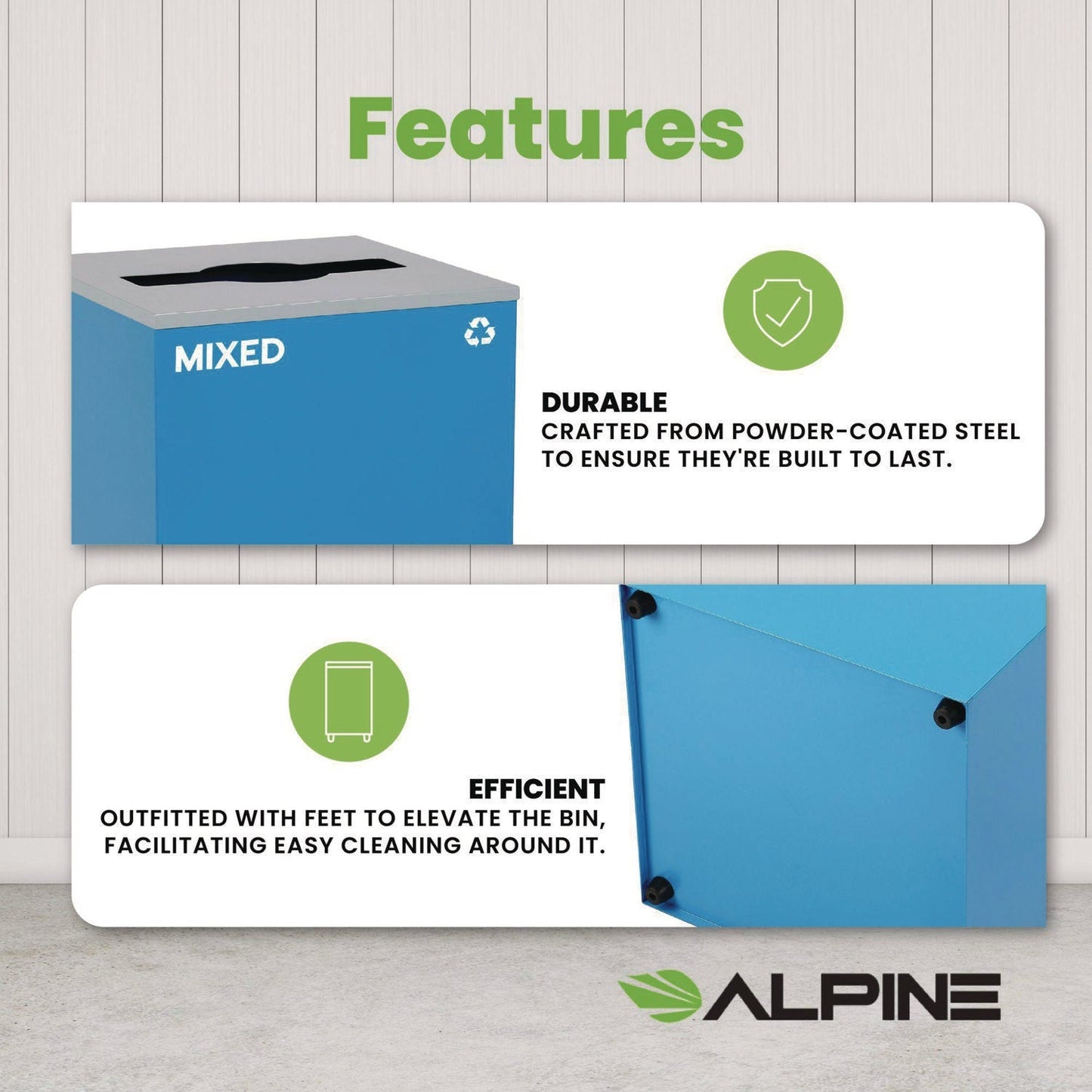 Alpine Industries 29 Gallon Trash/Recycling Cans, Steel, Blue Mixed Recycling Can with Mixed Lid
