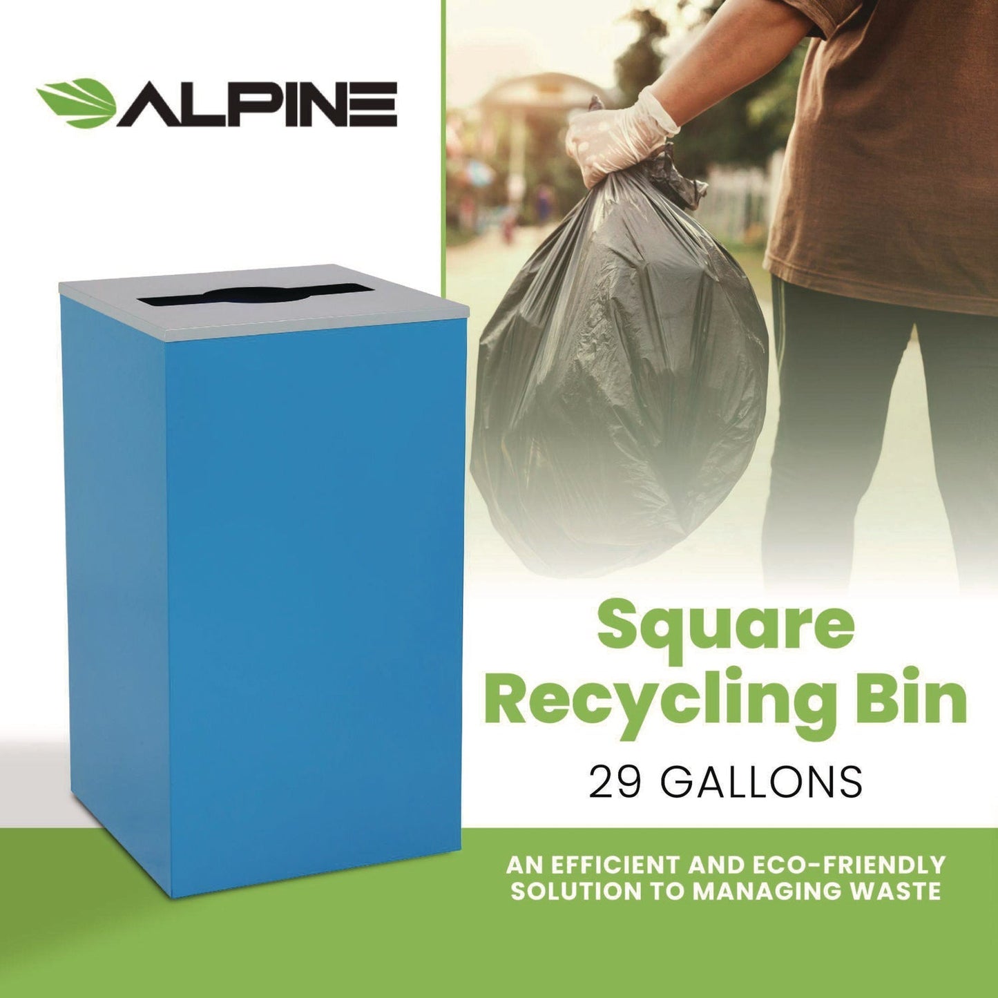 Alpine Industries 29 Gallon Trash/Recycling Cans, Steel, Blue Can with Mixed Lid
