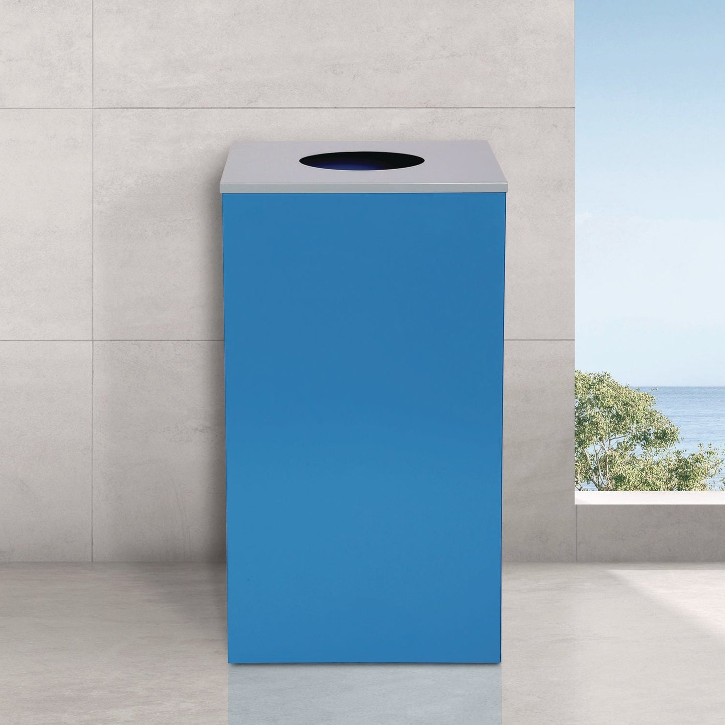 Alpine Industries 29 Gallon Trash/Recycling Cans, Steel, Blue Can with Circle Lid