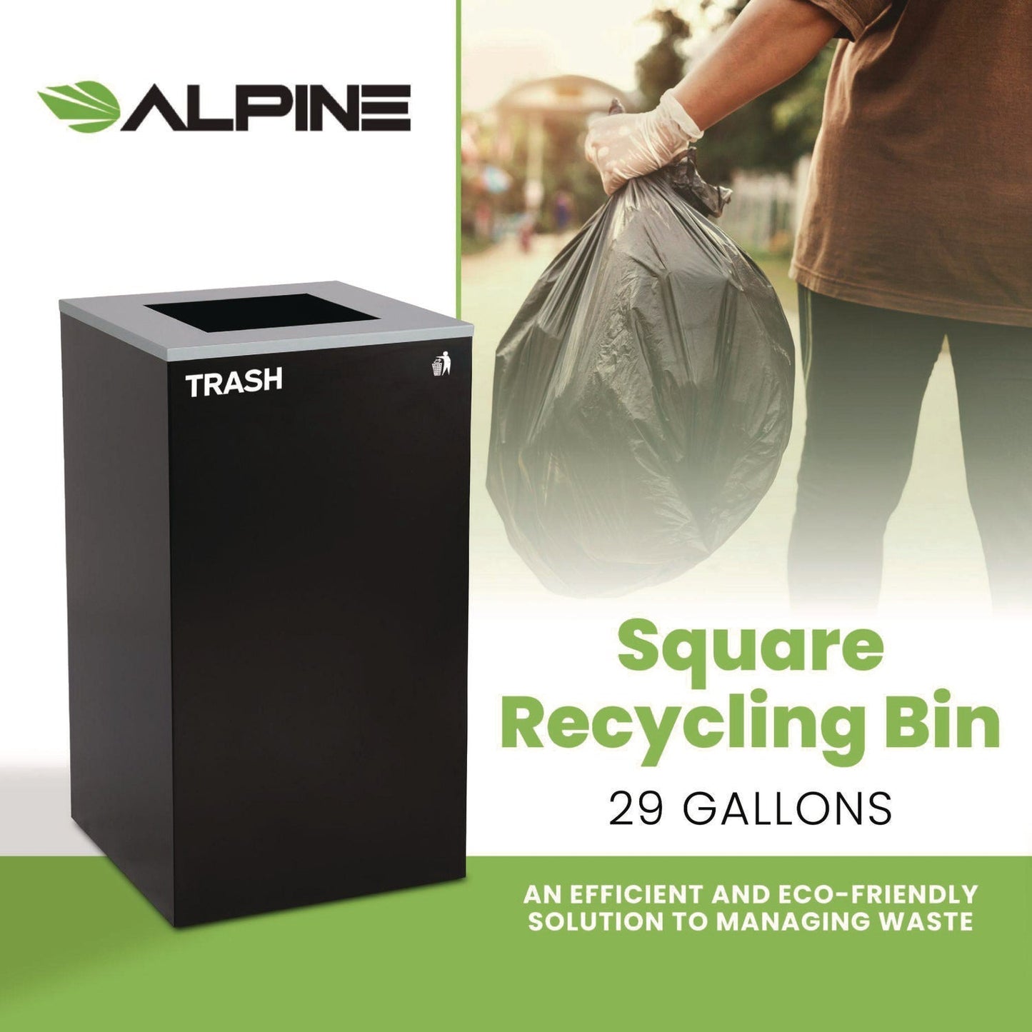 Alpine Industries 29 Gallon Trash/Recycling Cans, Steel, Black Trash Can with Square Lid