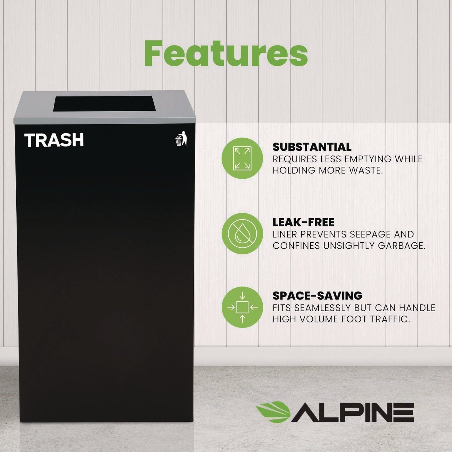 Alpine Industries 29 Gallon Trash/Recycling Cans, Steel, Black Trash Can with Square Lid