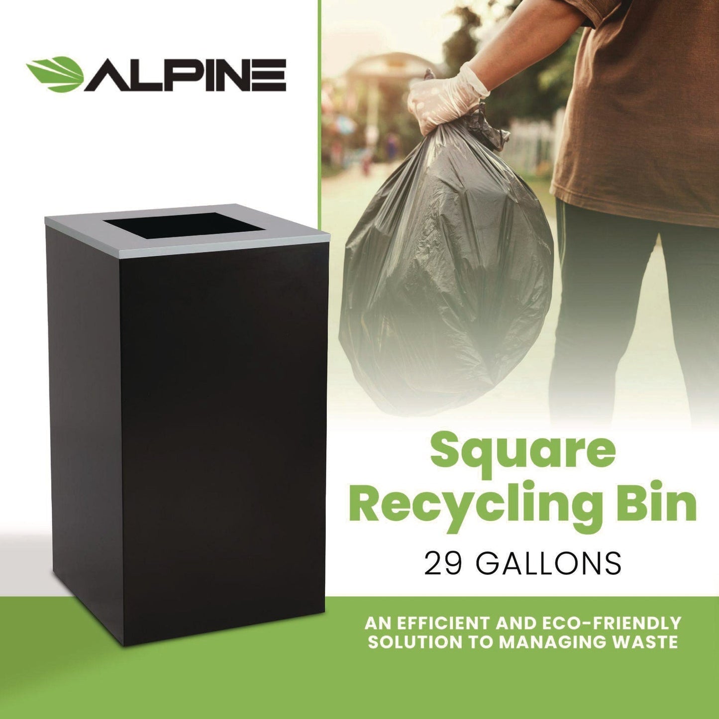 Alpine Industries 29 Gallon Trash/Recycling Cans, Steel, Black Can with Square Lid