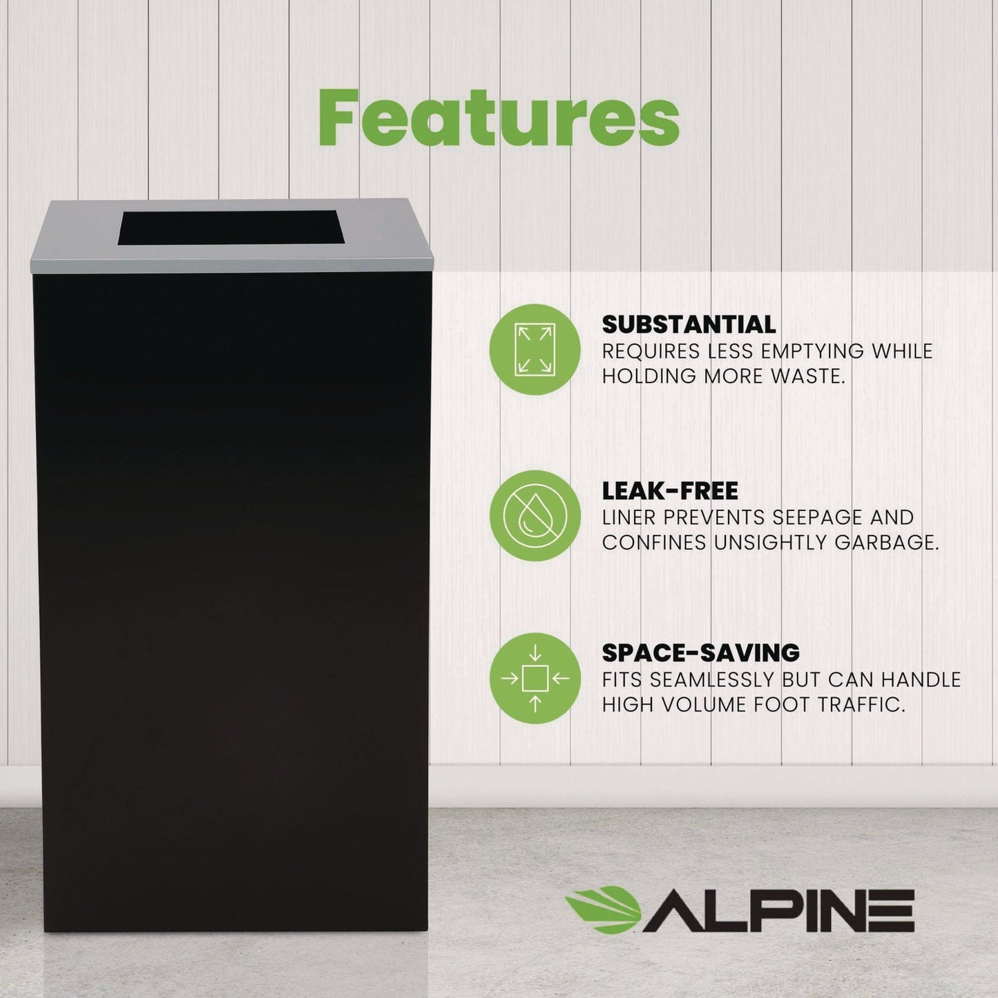 Alpine Industries 29 Gallon Trash/Recycling Cans, Steel, Black Can with Square Lid
