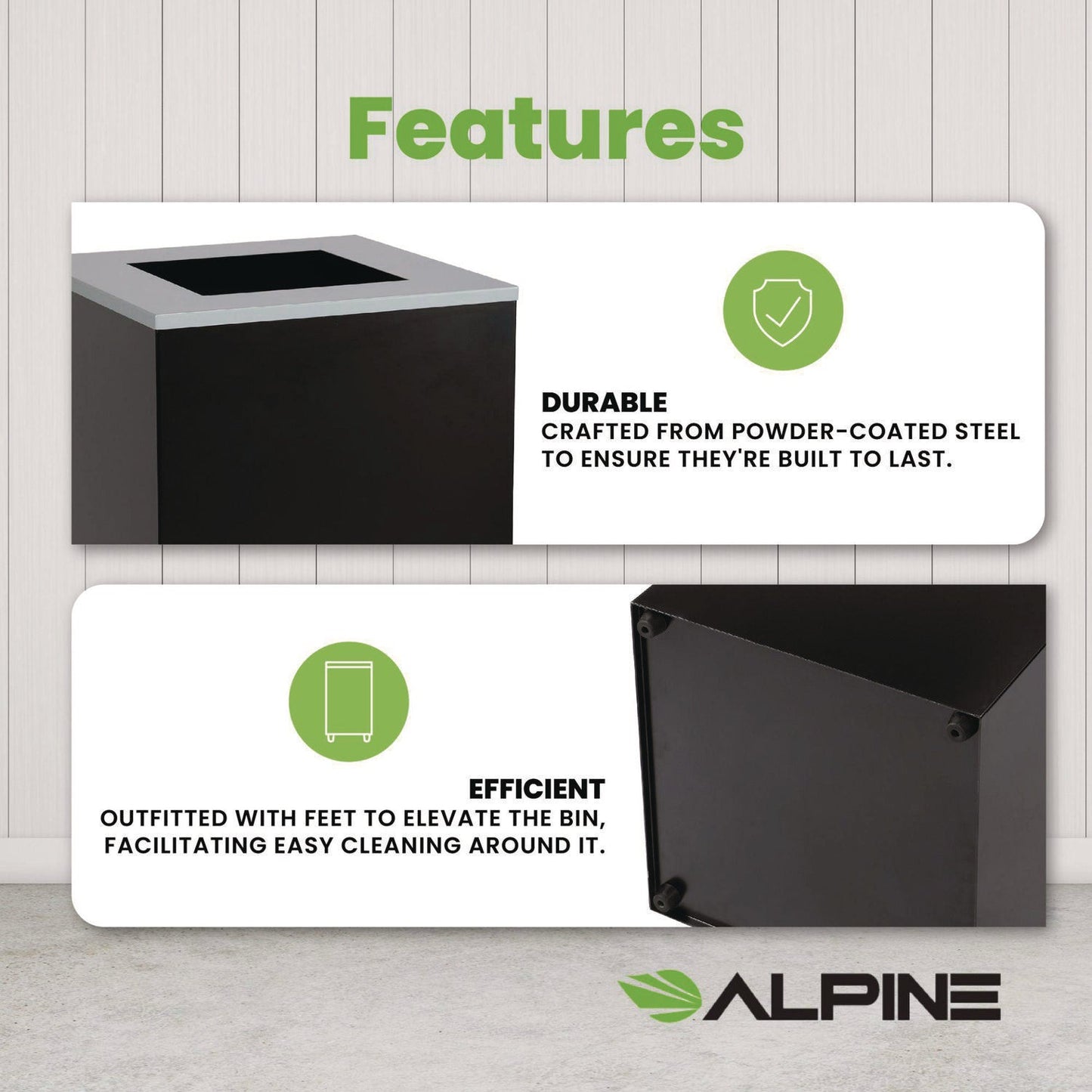 Alpine Industries 29 Gallon Trash/Recycling Cans, Steel, Black Can with Square Lid