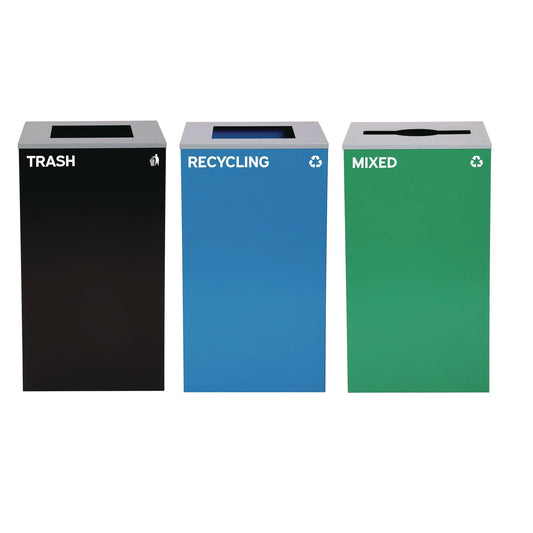Alpine Industries 29 Gallon Trash/Recycling Cans, Steel, Blue Recycling and Black Trash Cans w/Square Lid, Green Mixed Recycling Can Mixed Lid