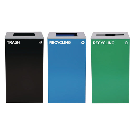 Alpine Industries 29 Gallon Trash/Recycling Cans, Steel, Blue Recycling Can and Black Trash Can w/Sq Lid, Green Recycling Can with Mixed Lid