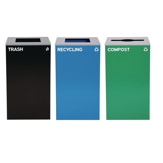 Alpine Industries 29 Gallon Trash/Recycling Cans, Steel, Blue Recycling Can and Black Trash Can w/Square Lids, Green Compost Can with Mixed Lid